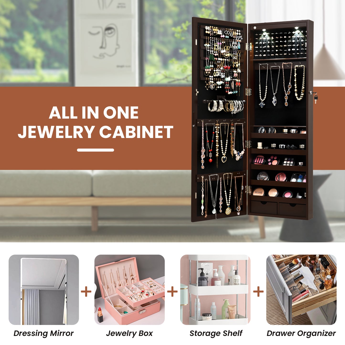 Lockable Wall Mount Jewelry Cabinet, Mirrored With LED Lights, Brown Jewelry Armoires at Gallery Canada
