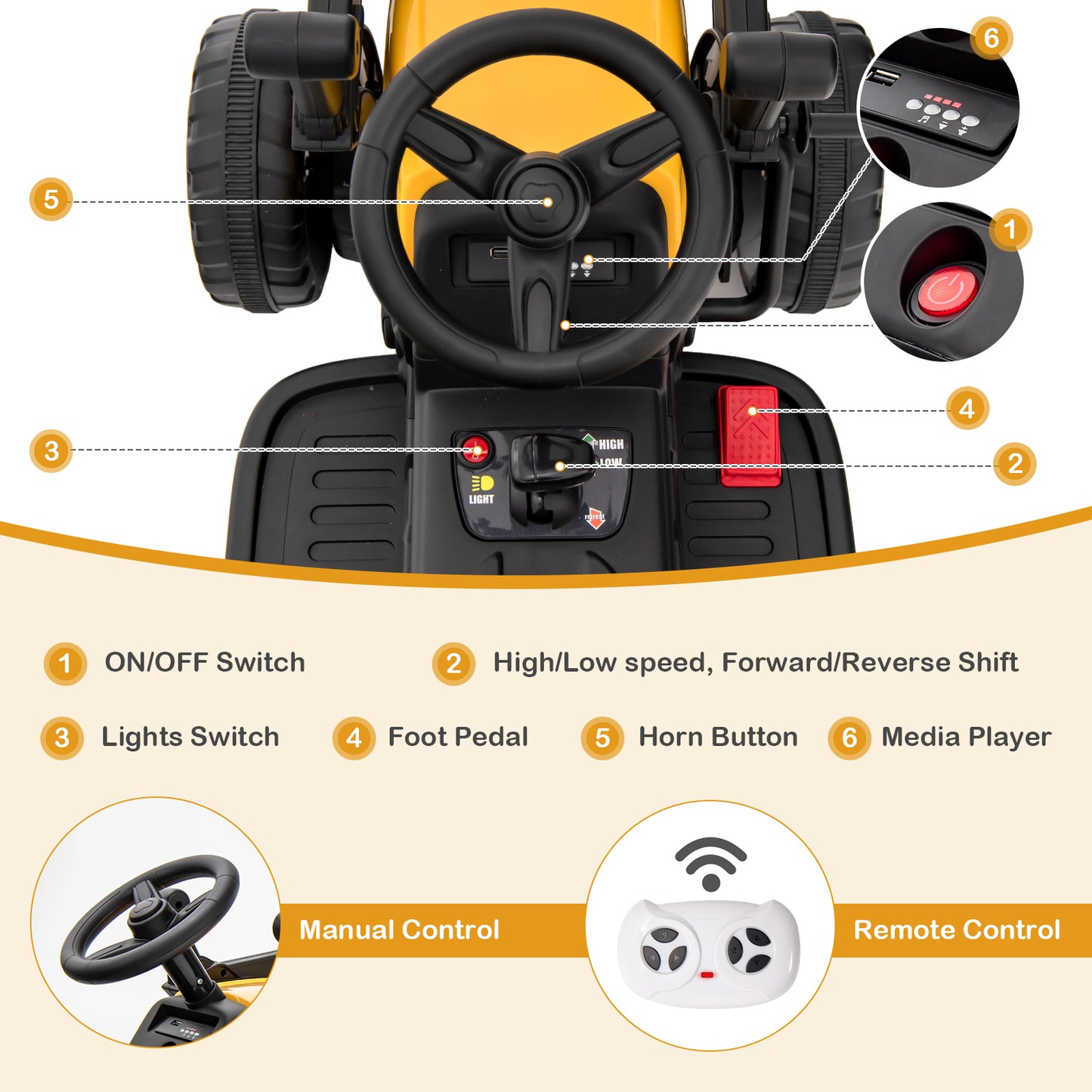 12V Battery Powered Kids Ride on Excavator with Adjustable Arm and Bucket, Yellow Powered Ride On Toys at Gallery Canada