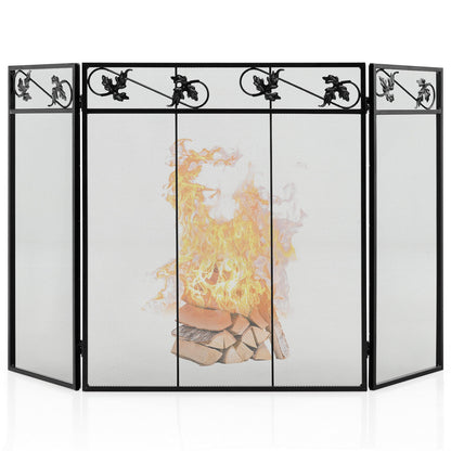 3-Panel Fireplace Screen Decor Cover with Exquisite Pattern, Black