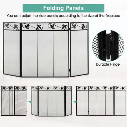 3-Panel Fireplace Screen Decor Cover with Exquisite Pattern, Black