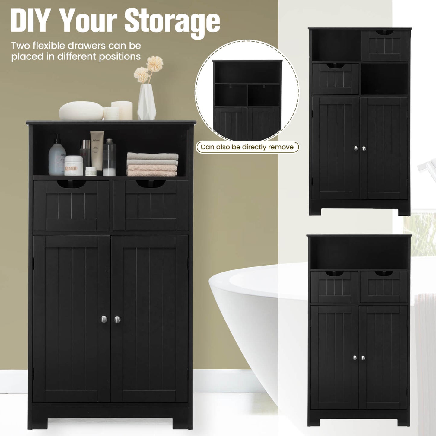 Wooden Bathroom Side Cabinet, 2 Drawers 2 Doors, Black