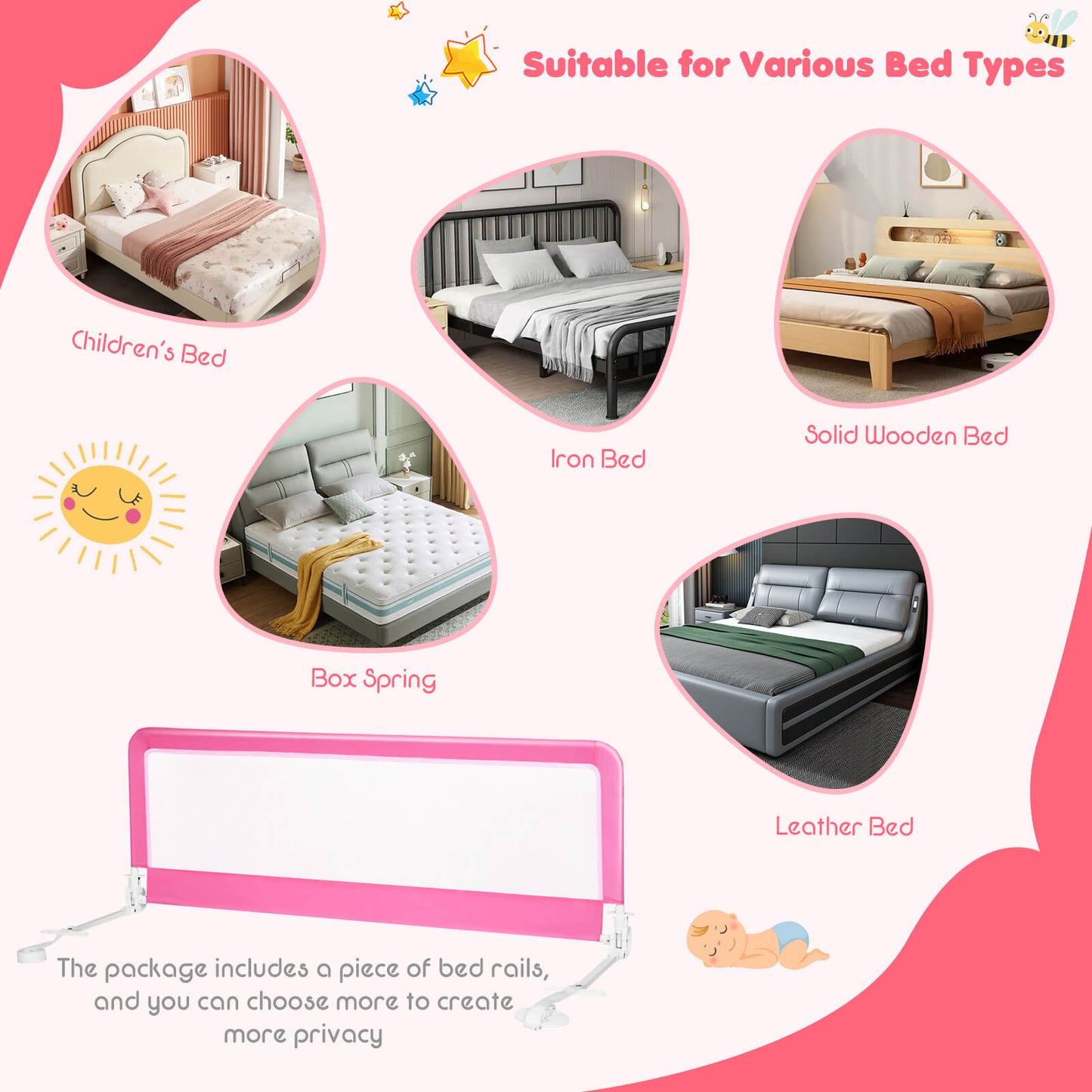 59 Inch Extra Long Folding Breathable Baby Children Toddlers Bed Rail Guard with Safety Strap, Pink