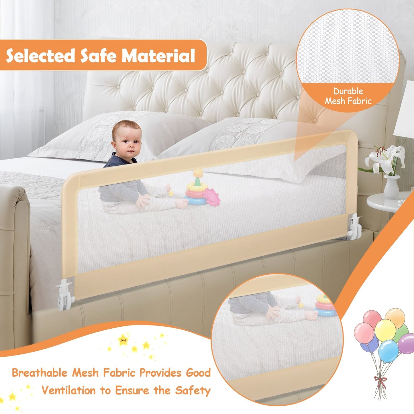 59 Inch Extra Long Folding Breathable Baby Children Toddlers Bed Rail Guard with Safety Strap, Beige