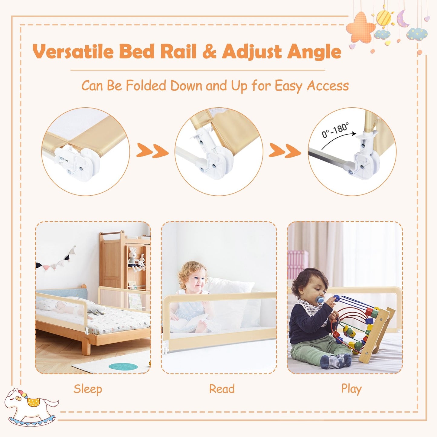 59 Inch Extra Long Folding Breathable Baby Children Toddlers Bed Rail Guard with Safety Strap, Beige at Gallery Canada