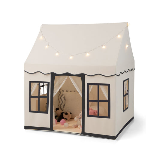 Toddler Large Playhouse with Star String Lights, Beige