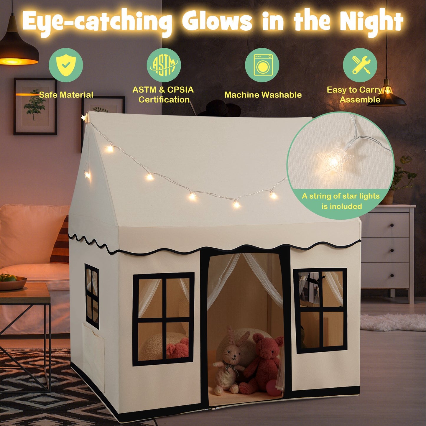 Toddler Large Playhouse with Star String Lights, Beige at Gallery Canada