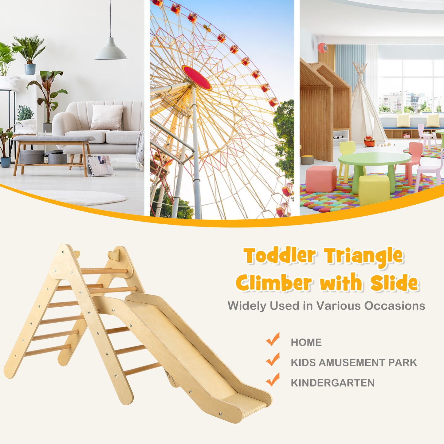 Wooden Triangle Climber Set, Adjustable Slide, Natural Climbers & Slides at Gallery Canada