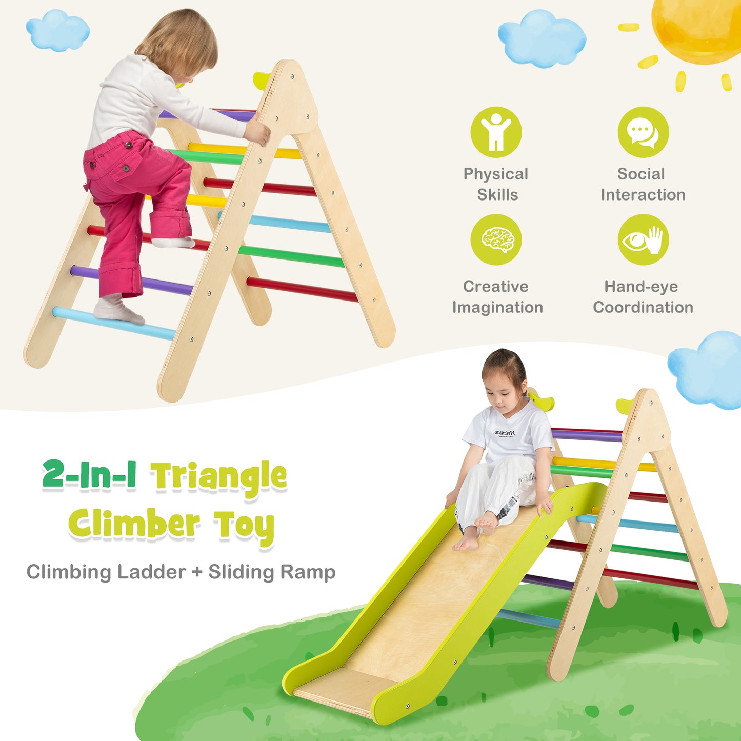 Wooden Triangle Climber Set, Gradient Adjustable Slide, Multicolor Climbers & Slides at Gallery Canada