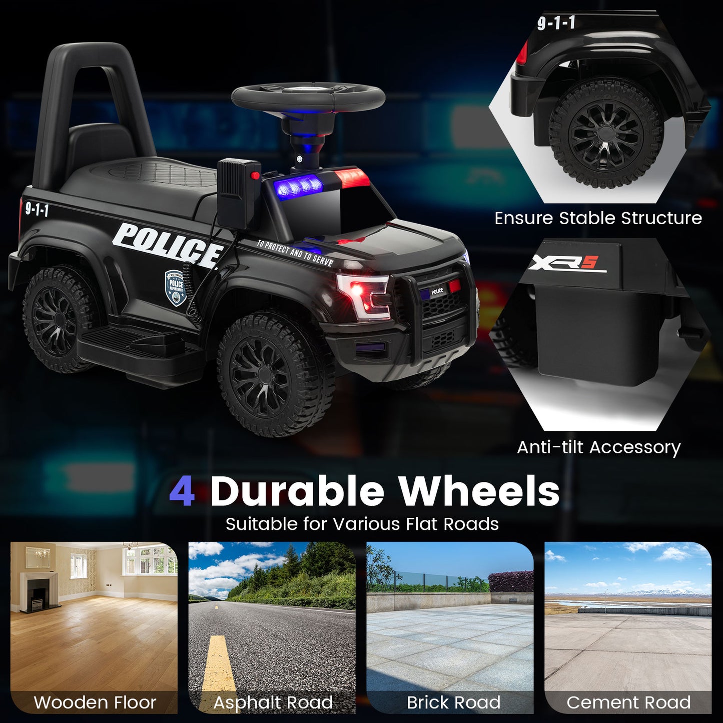 6V Kids Ride On Police Car with Real Megaphone and Siren Flashing Lights, Black Powered Ride On Toys at Gallery Canada