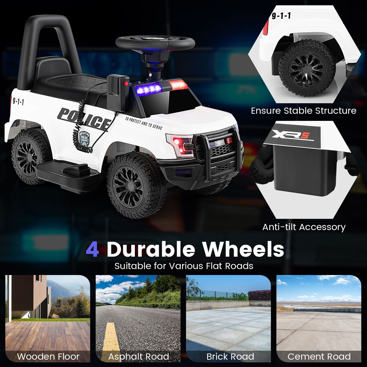 Kids Ride On Police Car, 6V, Real Megaphone Siren Lights, White