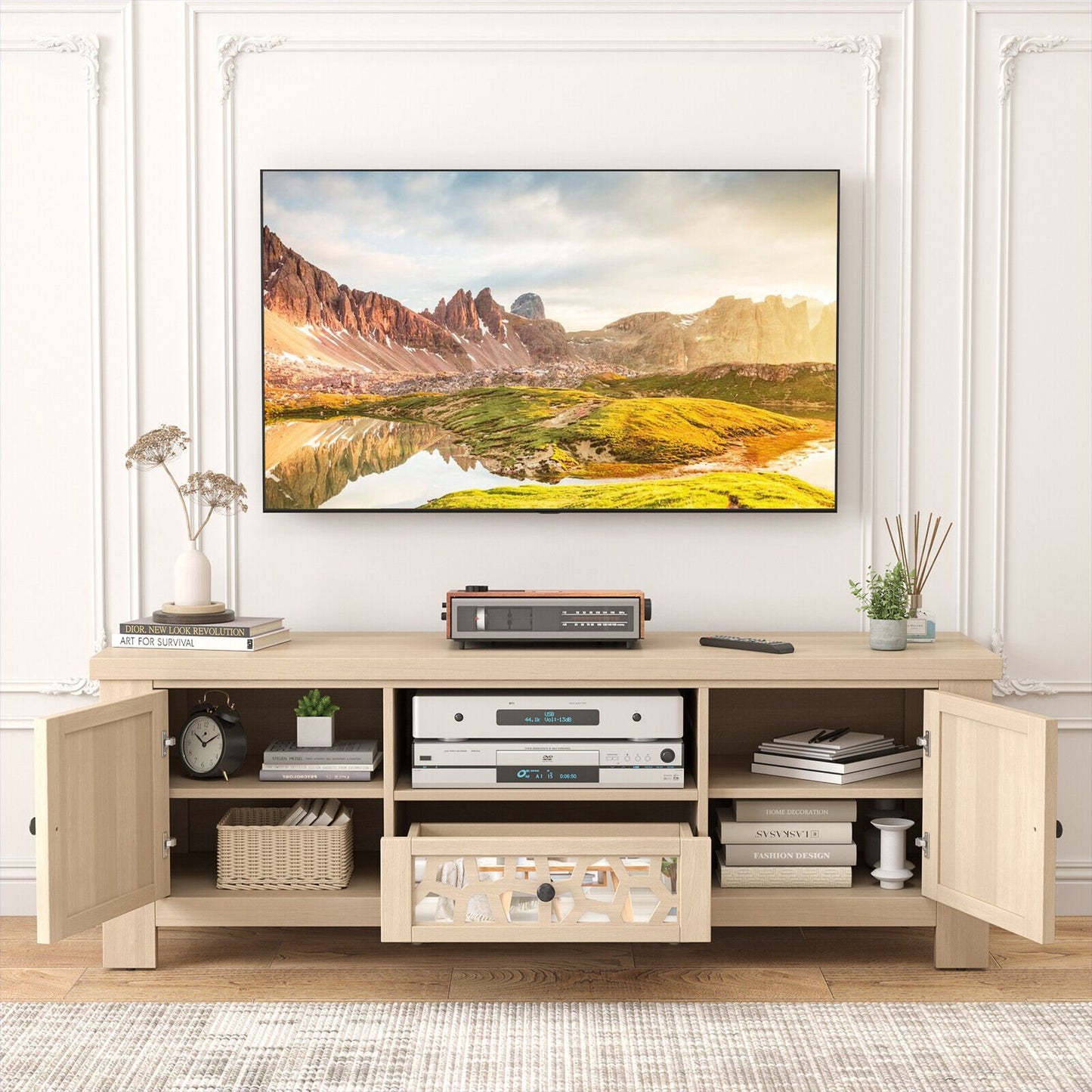 55 Inch Retro TV Stand Media Entertainment Center with Mirror Doors and Drawer, Natural at Gallery Canada