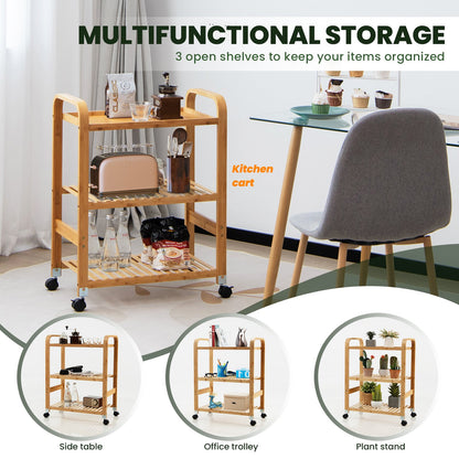 Multifunctional Bamboo Kitchen  Rolling Cart with Locking Casters and Sided Handles-3-Tier, Natural