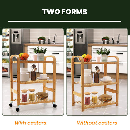 Multifunctional Bamboo Kitchen  Rolling Cart with Locking Casters and Sided Handles-3-Tier, Natural