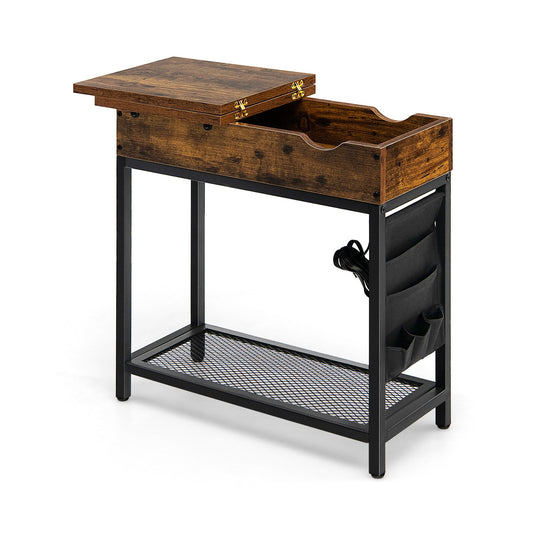 Industrial End Table with Charging Station and Flip Top, Rustic Brown at Gallery Canada