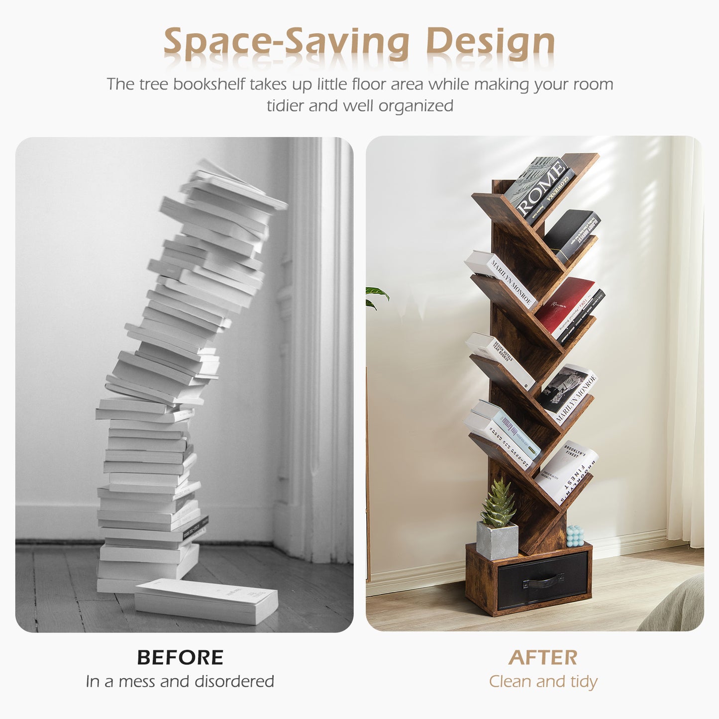 10-Tier Tree Bookshelf With Drawer, Rustic Brown Bookcases at Gallery Canada