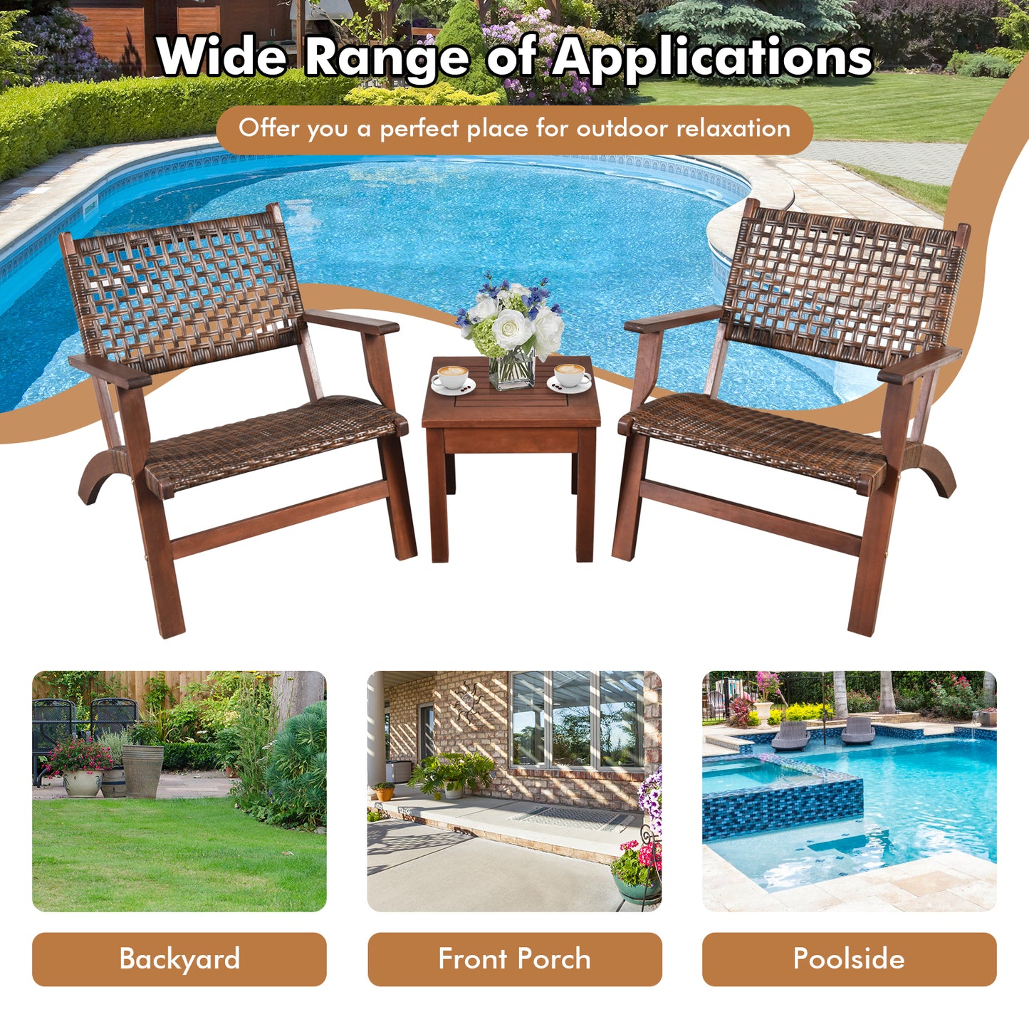 3 Piece Outdoor Wooden Rattan Patio Set, Brown Patio Conversation Sets at Gallery Canada