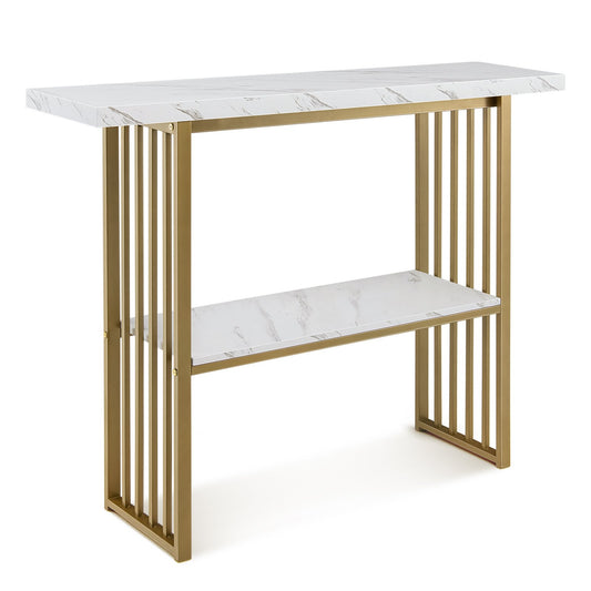 48 Inch 2-Tier Console Table with Gold Finished Frame, White