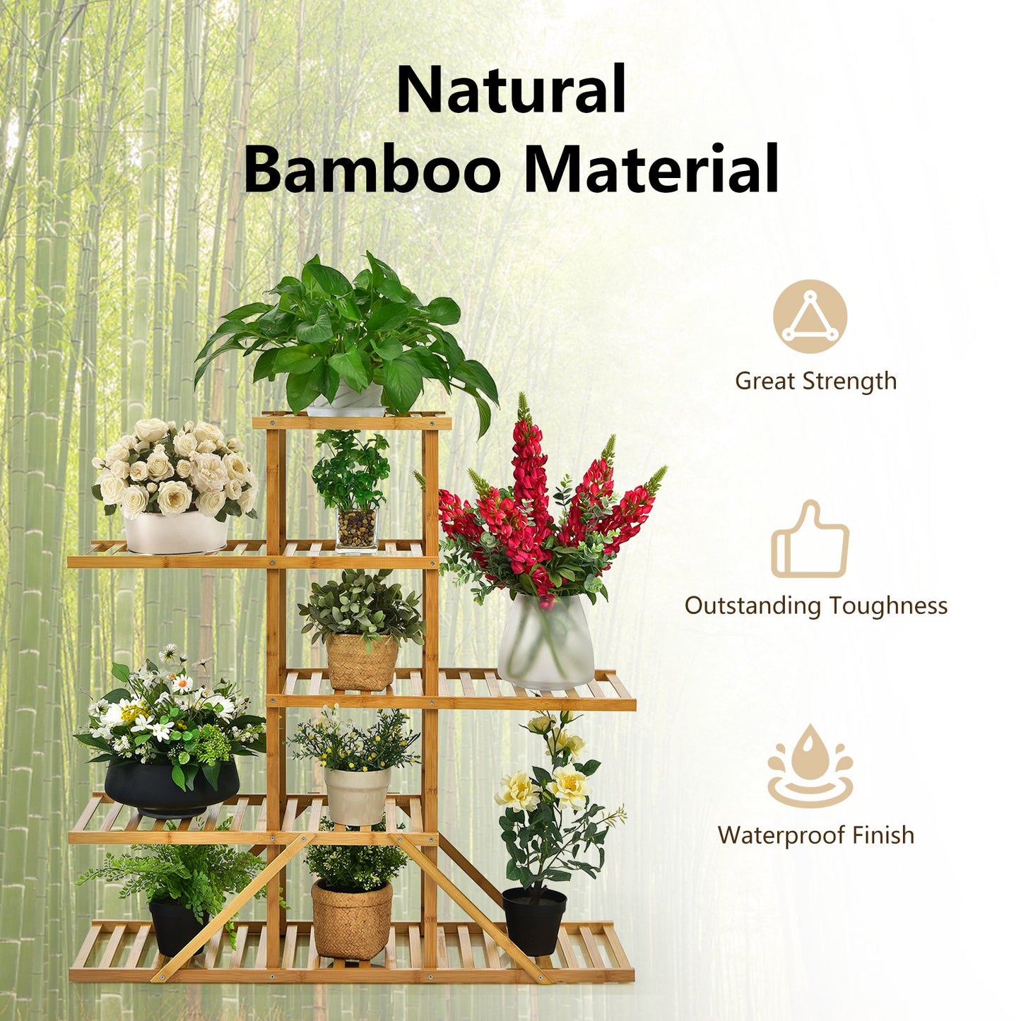 5-tier 10 Potted Bamboo Plant Stand, Natural