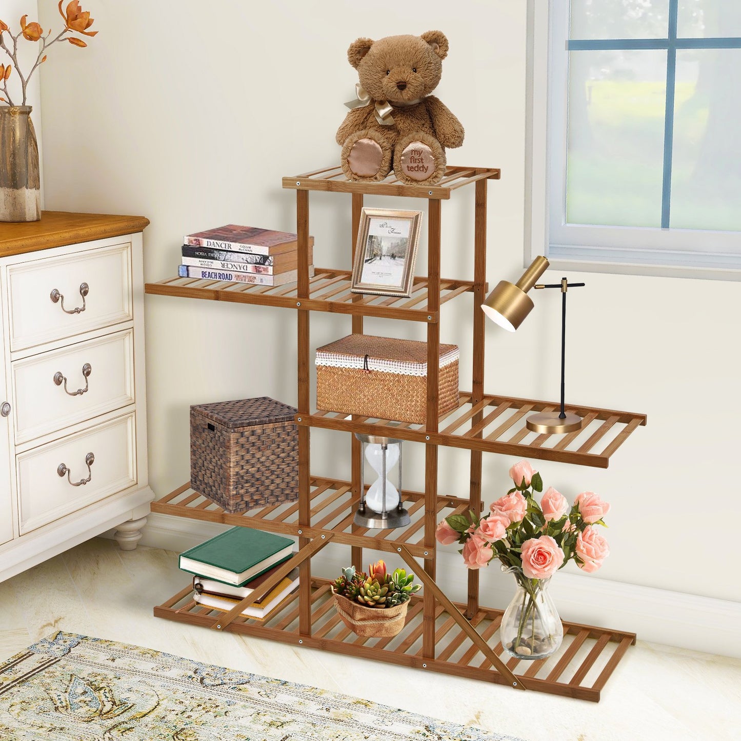 5-tier 10 Potted Bamboo Plant Stand, Brown