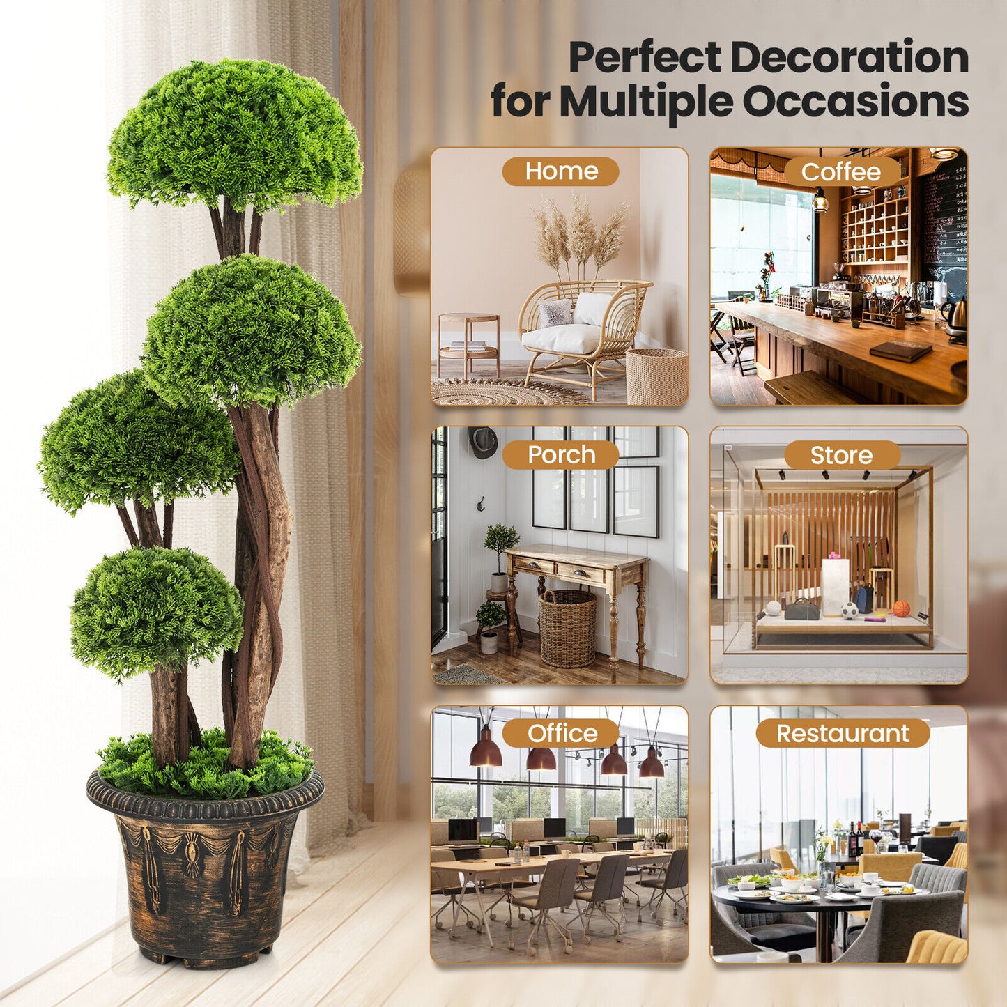 3 Feet Decorative Artificial Cedar Topiary Tree with Rattan Trunk, Green Faux Plants at Gallery Canada