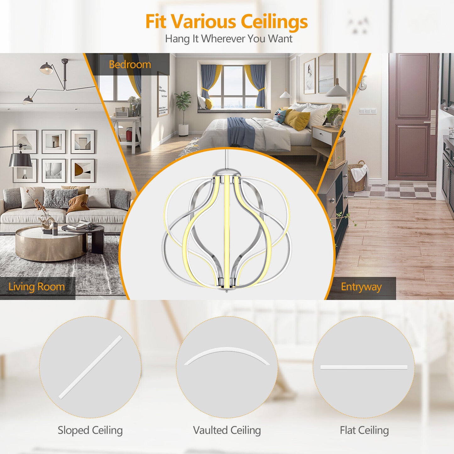 Modern Dimmable LED Chandelier, Silver, Warm White