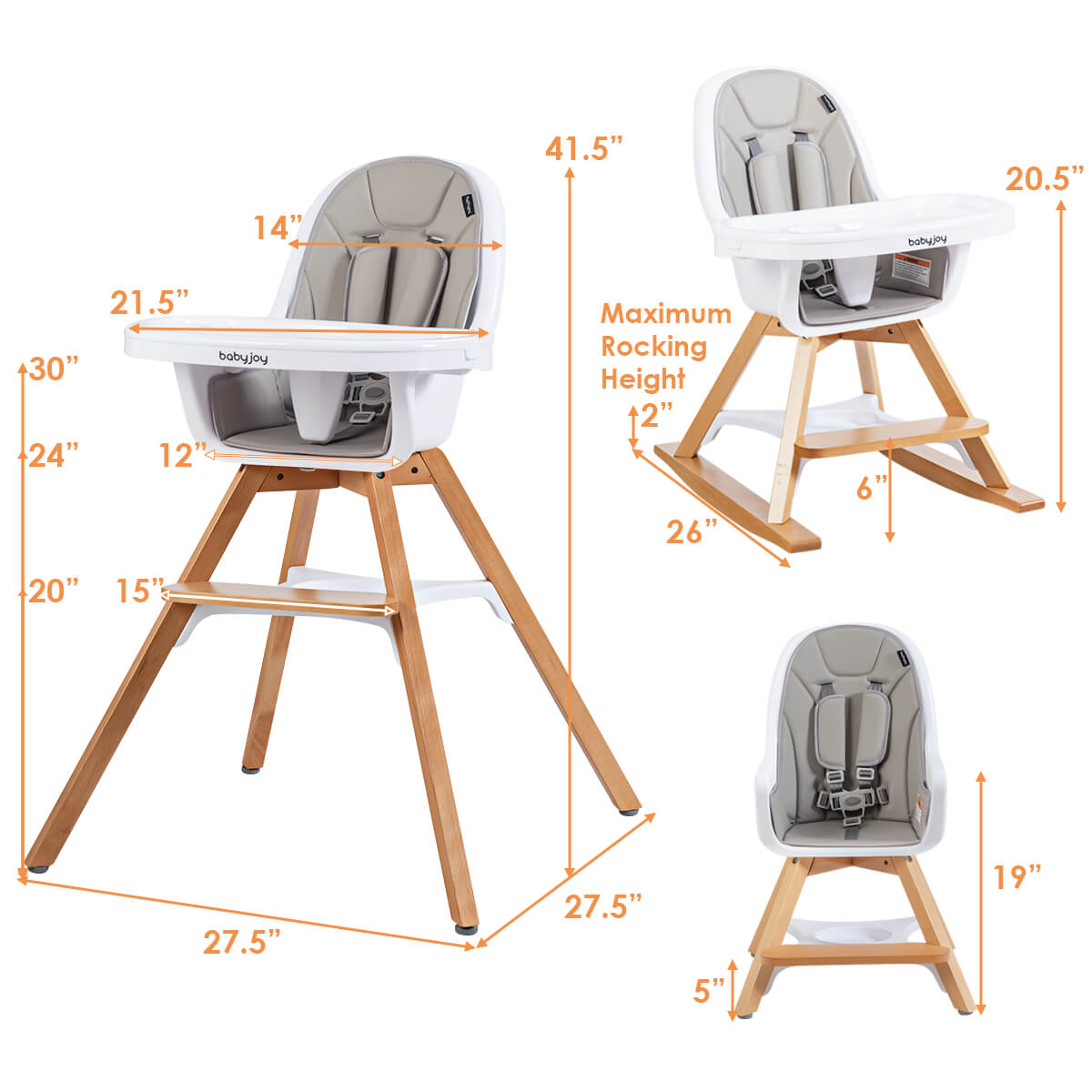 3-in-1 Convertible Wooden Baby High Chair, Gray at Gallery Canada