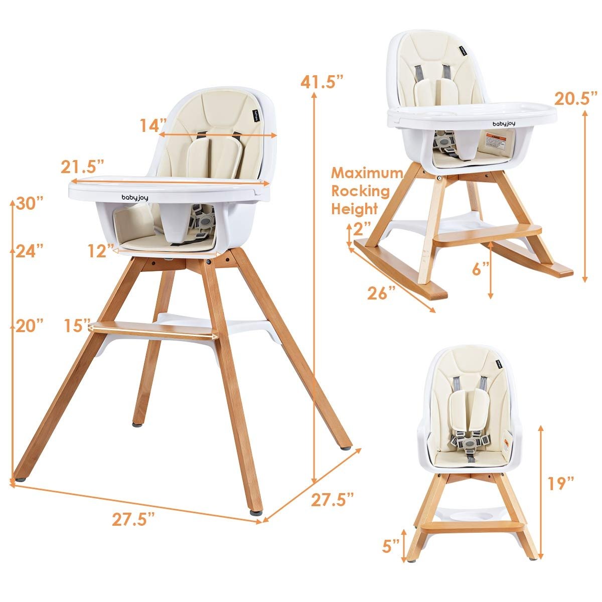 3-in-1 Convertible Wooden Baby High Chair, Beige