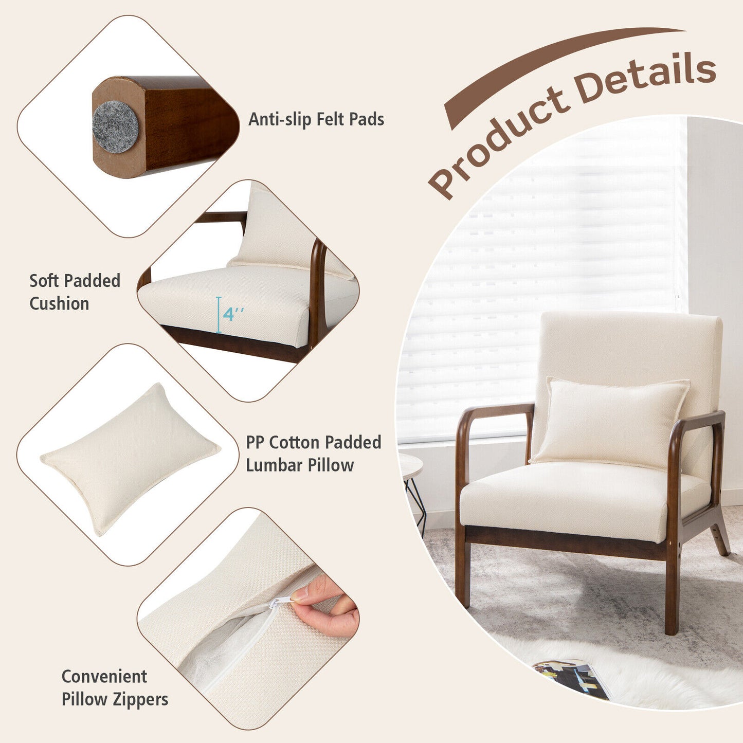 Modern Accent Chair, Rubber Wood Frame, Lumbar Pillow, Beige Accent Chairs at Gallery Canada