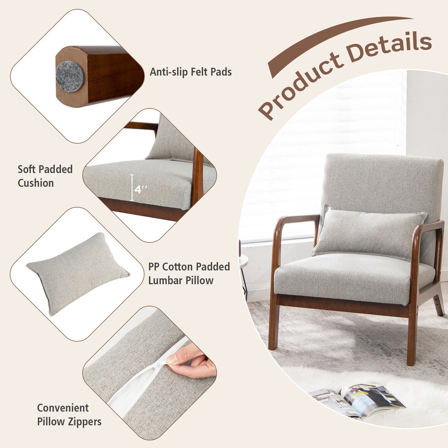 Modern Accent Chair, Rubber Wood Frame, Lumbar Pillow, Gray Accent Chairs at Gallery Canada