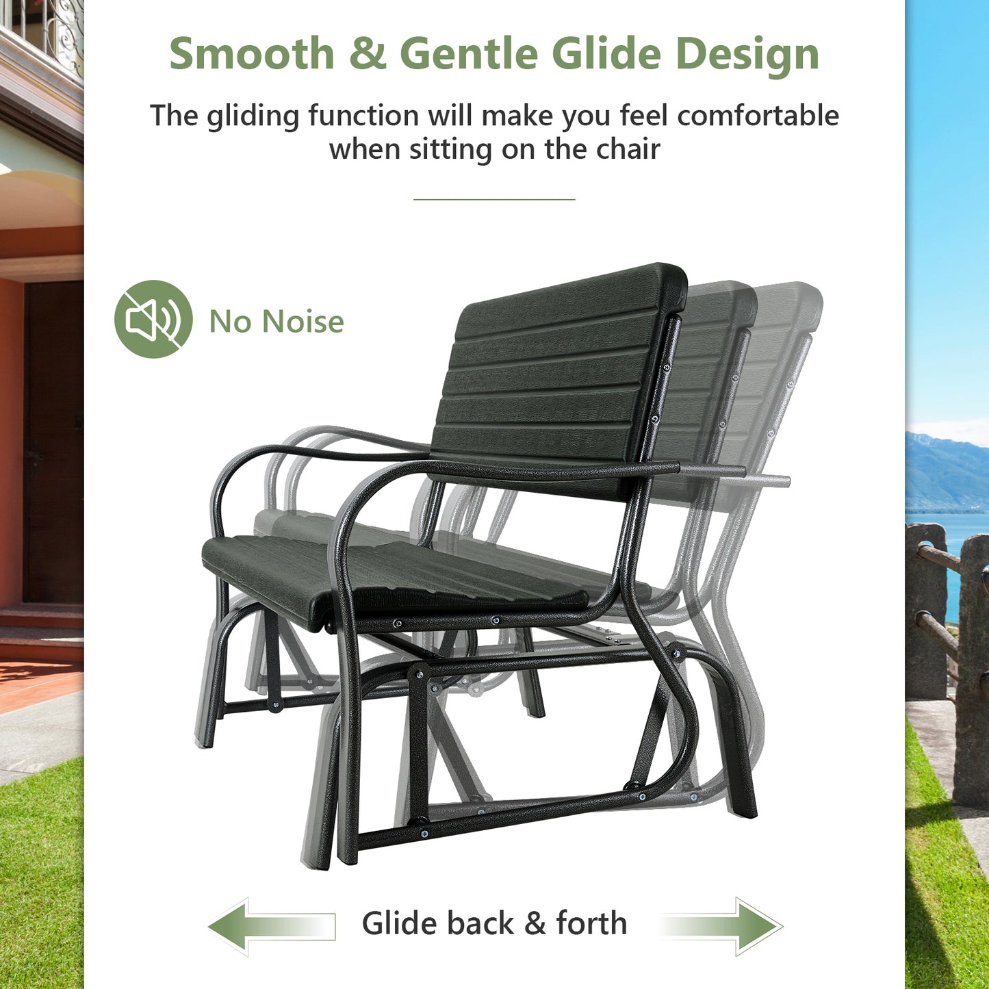 2-Seat Porch Glider, HDPE Back Seat, Steel Frame, Black