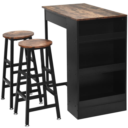 3 Pieces Bar Table Set with Storage, Brown
