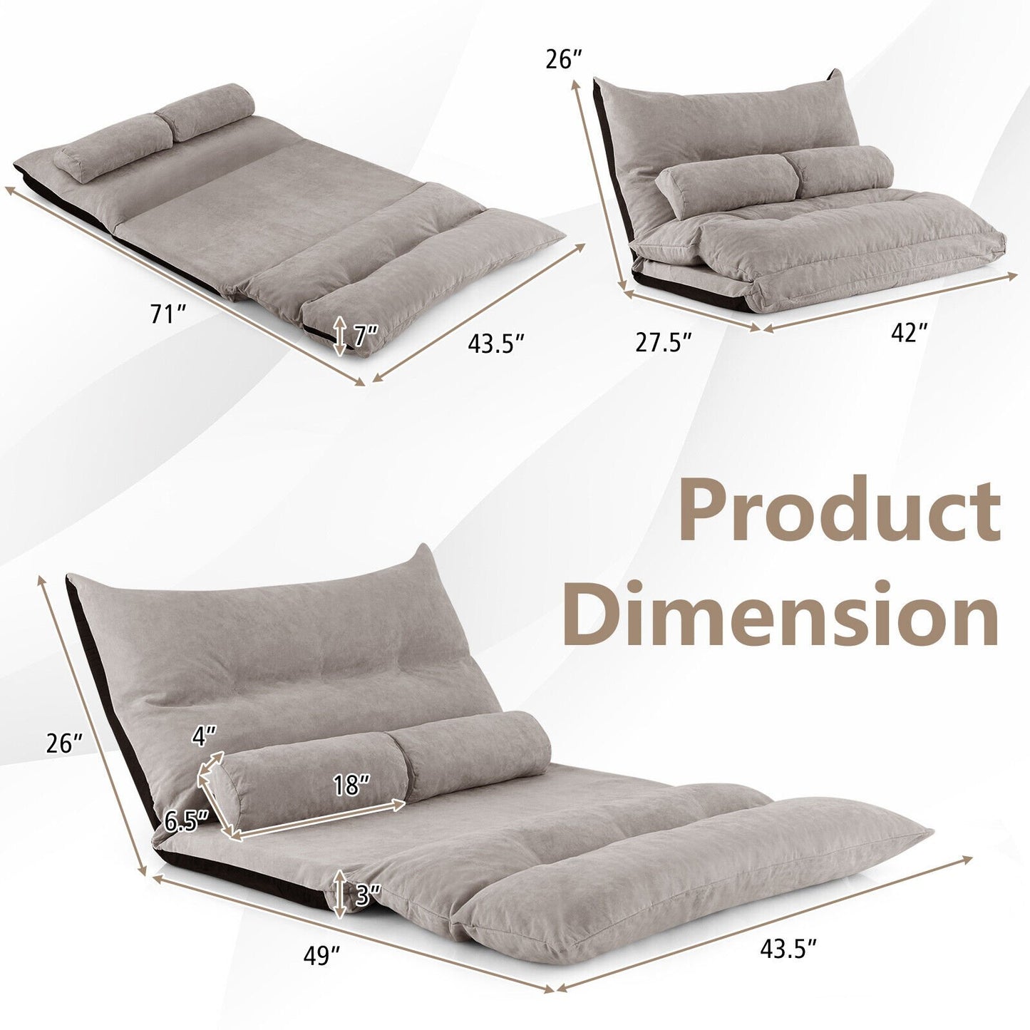 Adjustable Floor Sofa Bed with 2 Lumbar Pillows, Gray at Gallery Canada