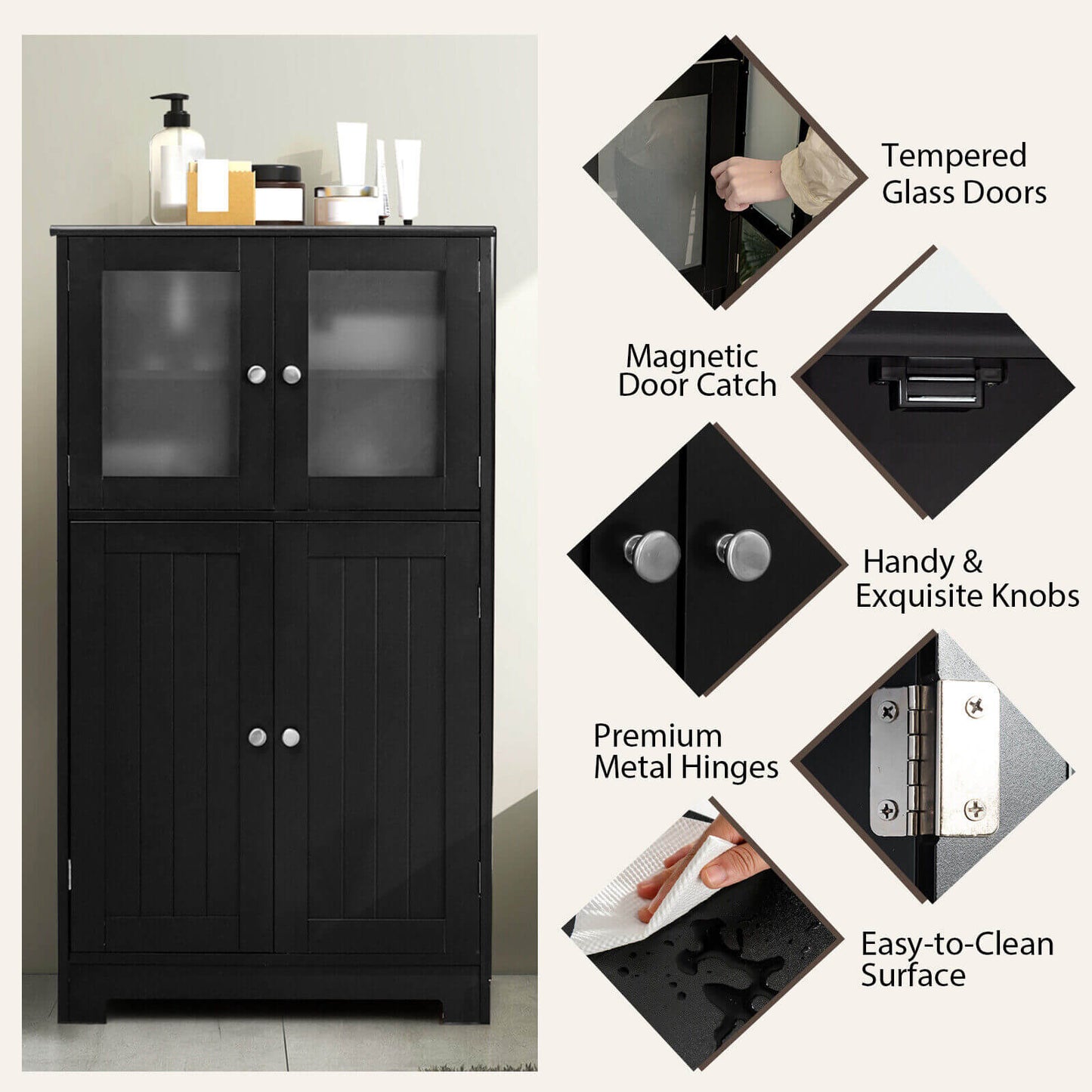 Bathroom Floor Storage Cabinet With Doors, Adjustable Shelf, Black