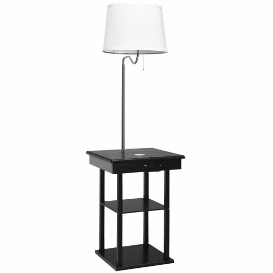 Floor Lamp Bedside Desk with USB Charging Ports Shelves, Black