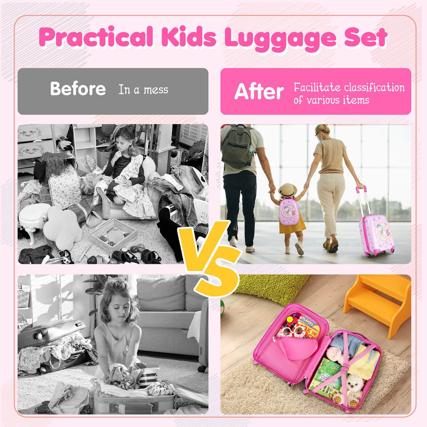 2 Pieces Kids Carry-on Luggage Set with 12 Inch Backpack, Pink Kids Luggage at Gallery Canada