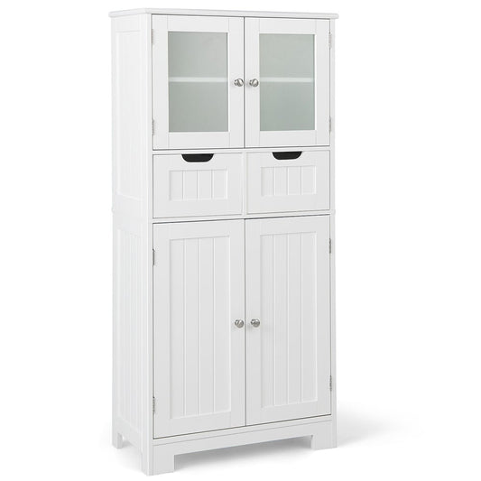 3 Tier Freee-Standing Bathroom Cabinet with 2 Drawers and Glass Doors, White