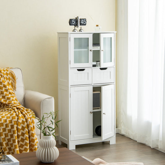 3 Tier Bathroom Cabinet, 2 Drawers, Glass Doors, White Floor Cabinets White at Gallery Canada