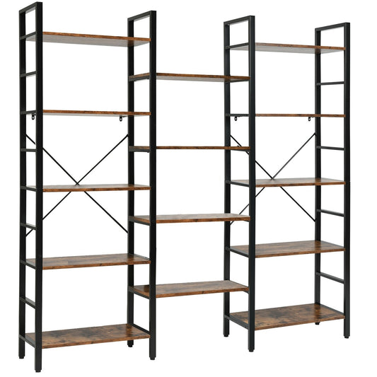 Vintage Industrial Style Triple Wide 5-Tier Bookcase with Metal Frame, Brown