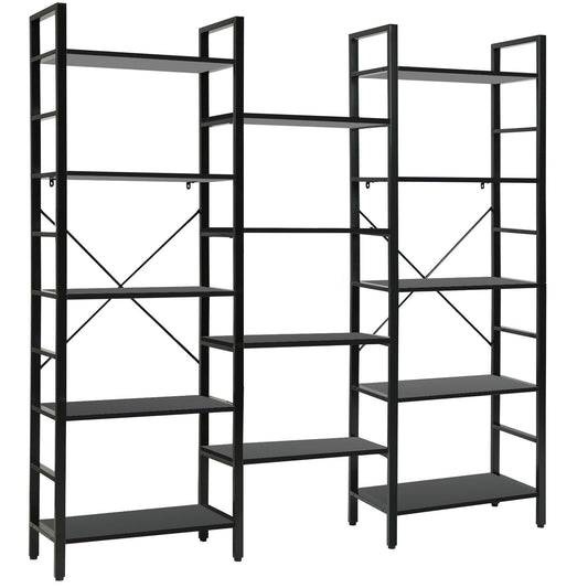 Vintage Industrial Style Triple Wide 5-Tier Bookcase with Metal Frame, Black