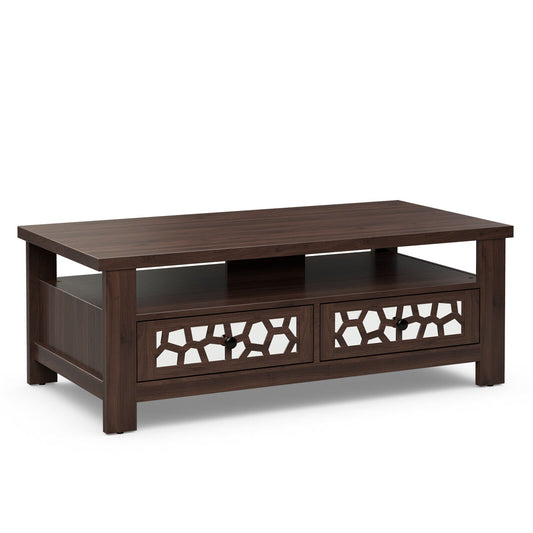3-tier Coffee Table with 2 Drawers and 5 Support Legs, Brown
