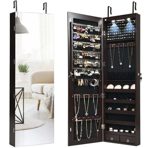 Wall And Door Mounted Mirrored Jewelry Cabinet With Lights, Brown