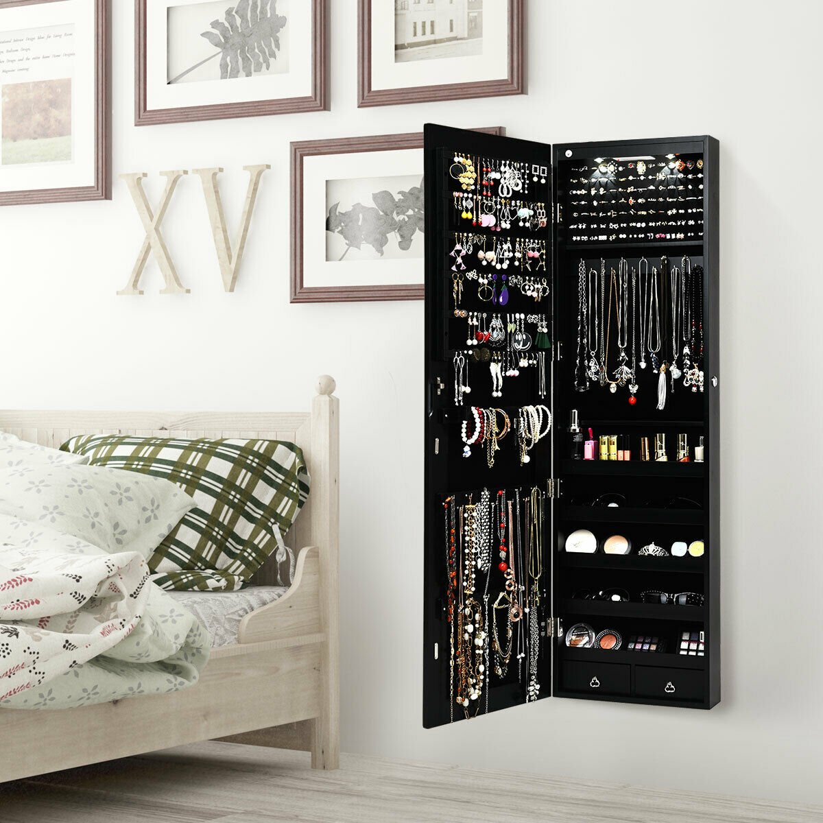 Wall And Door Mounted Mirrored Jewelry Cabinet With Lights, Black at Gallery Canada