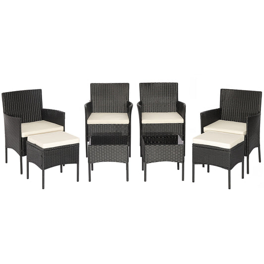 8 Piece Wicker Conversation Set, 2 Coffee Tables, 2 Ottomans, Off White