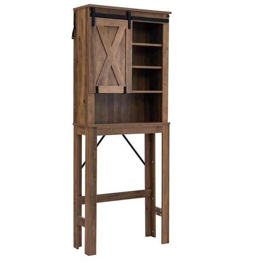 Wooden Bathroom Storage Cabinet with Sliding Barn Door and 3-level Adjustable Shelves, Rustic Brown