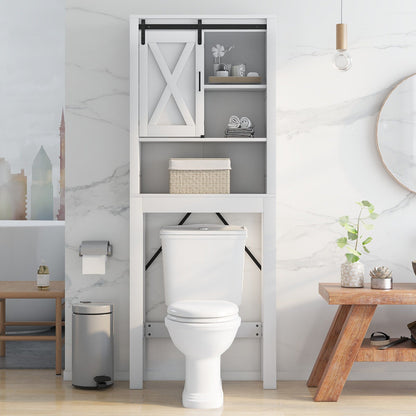 3-Tier Wodden Bathroom Cabinet with Sliding Barn Door and 3-position Adjustable Shelves, White