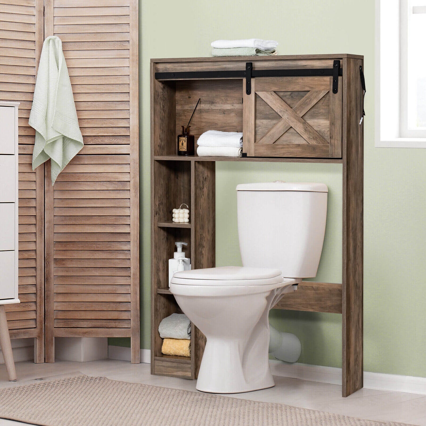 4-Tier Over The Toilet Storage Cabinet with Sliding Barn Door and Storage Shelves, Brown at Gallery Canada
