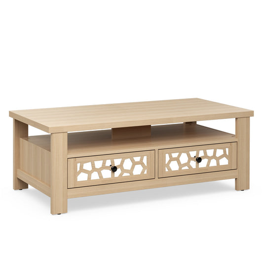 3-tier Coffee Table with 2 Drawers and 5 Support Legs, Natural
