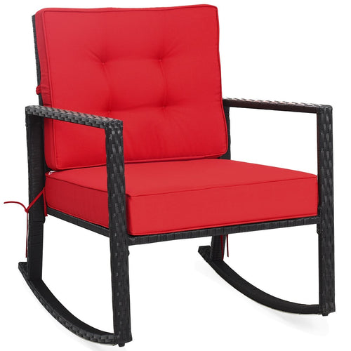 Patio Rattan Rocker Outdoor Glider Rocking Chair Cushion Lawn, Red