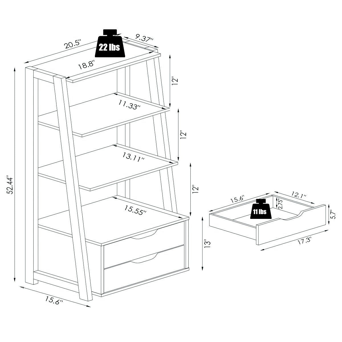 4-Tier Ladder Bookshelf Storage Display with 2 Drawers, Black