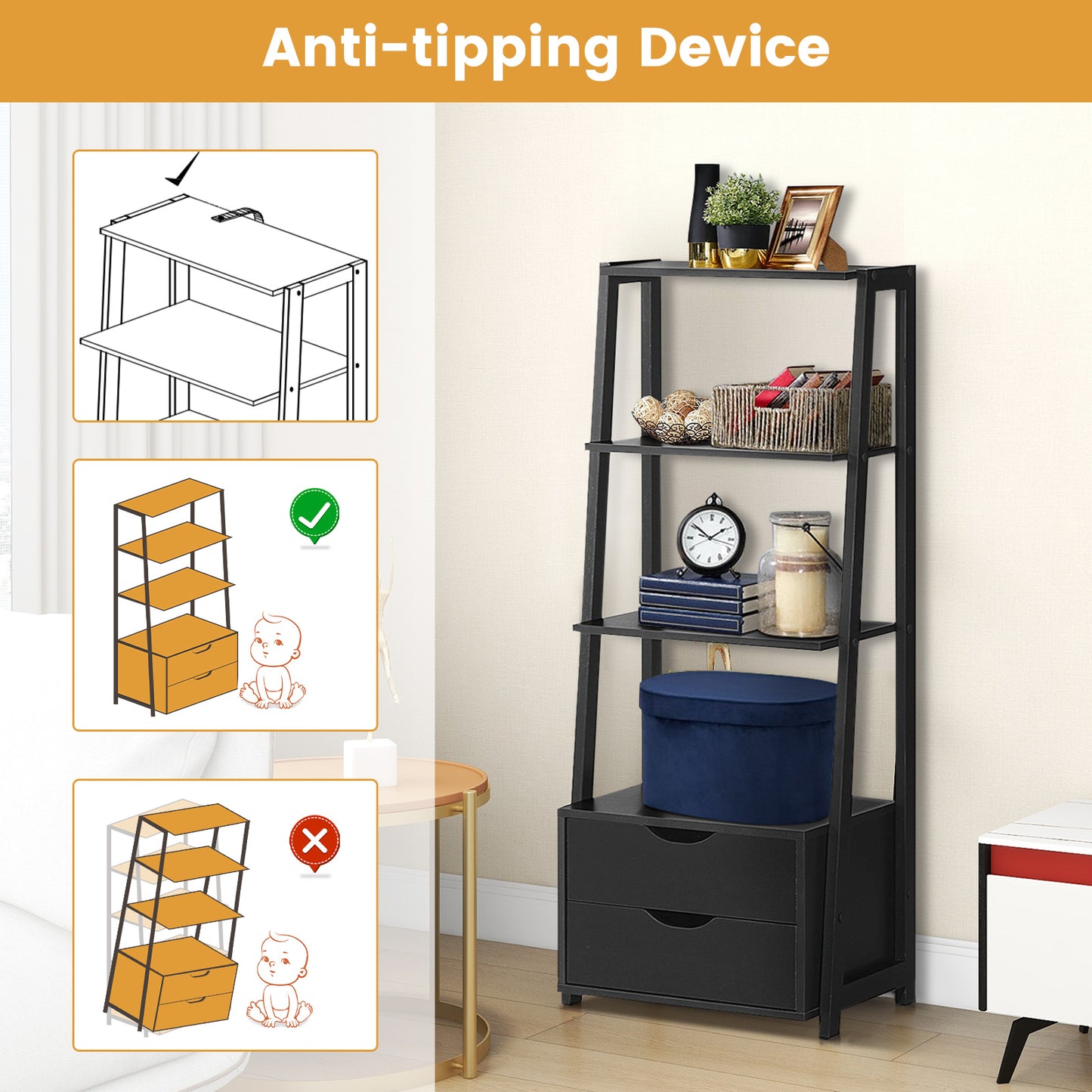 4-Tier Ladder Bookshelf With 2 Drawers, Black Bookcases at Gallery Canada